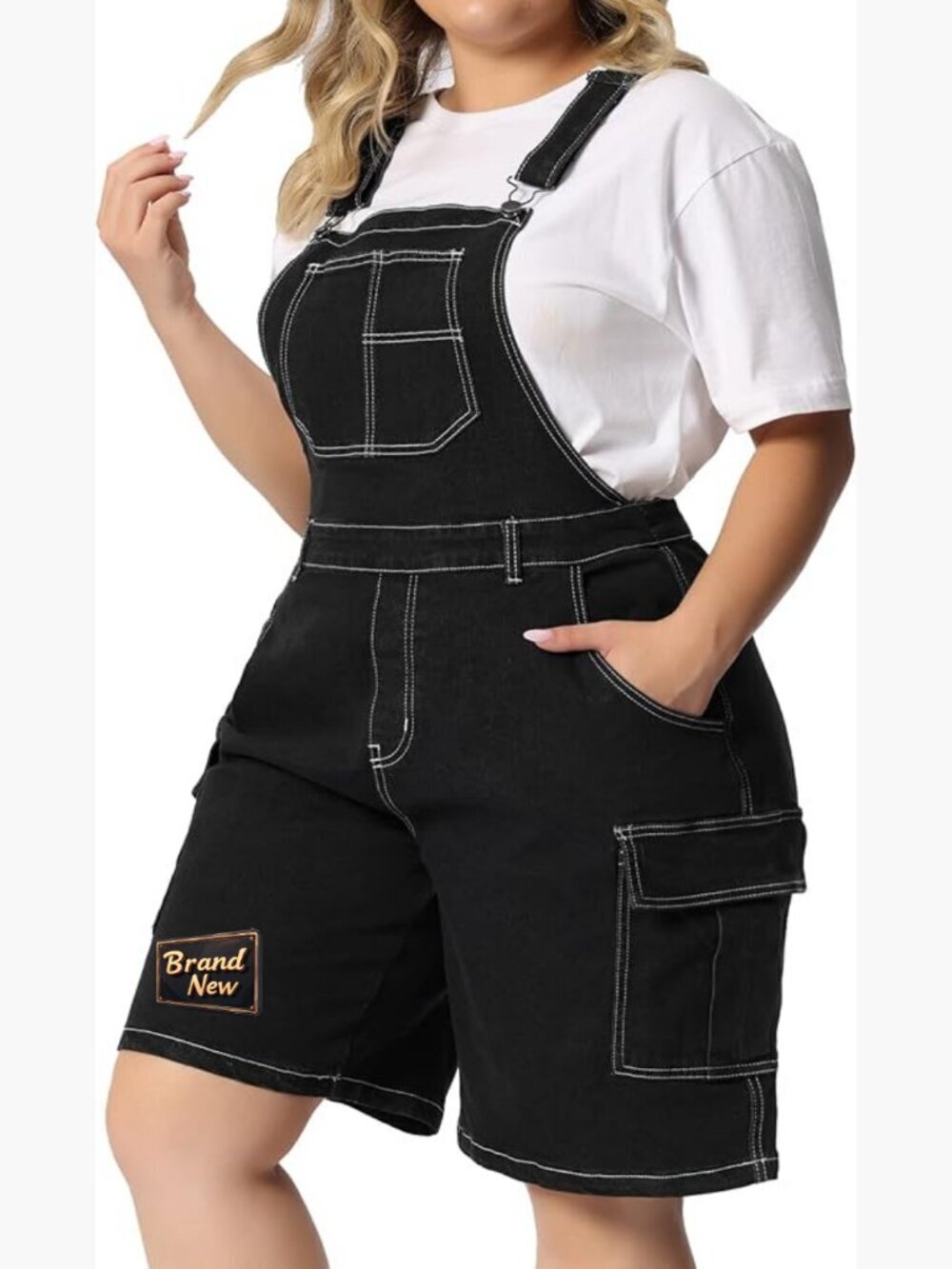 Plus Size Denim Overalls Shorts Adjustable Strap Cargo Pockets